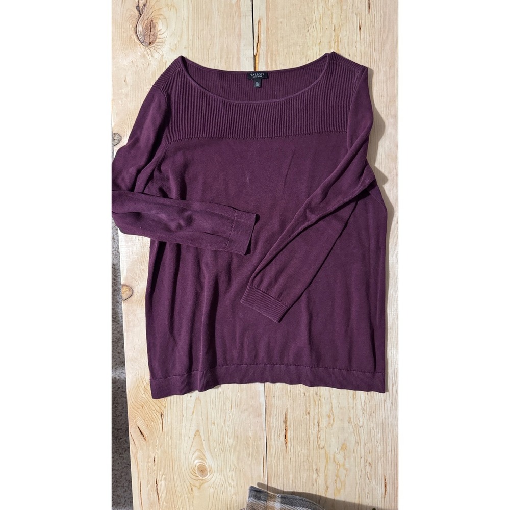 Talbots Womens XP Plum Purple Boatneck Ribbed Yoke Long Sleeve Pullover Sweater